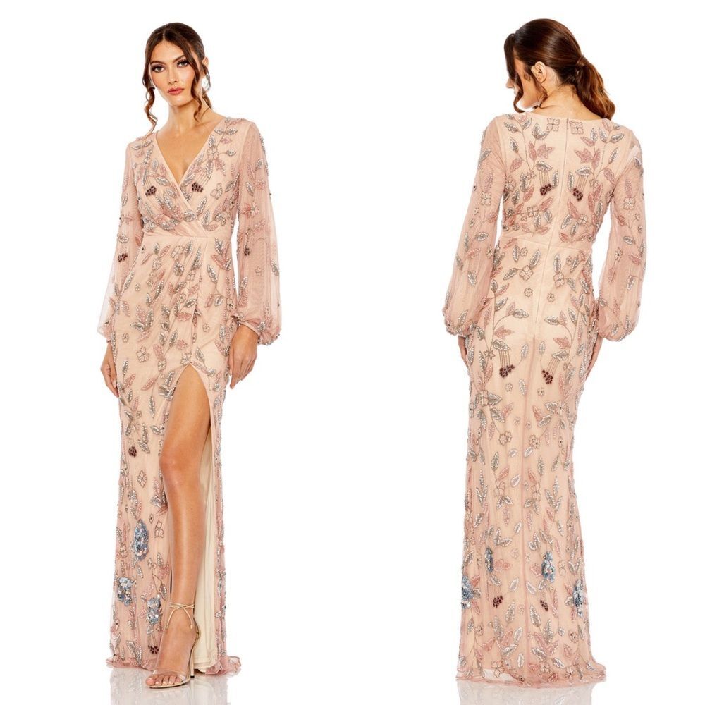Mac Duggal 93755 Floral Beaded Surplice V-Neck Long Balloon Sleeve Gown, Size 16